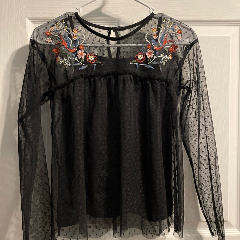 True Destiny Black Sheer Floral Embroidered Blouse